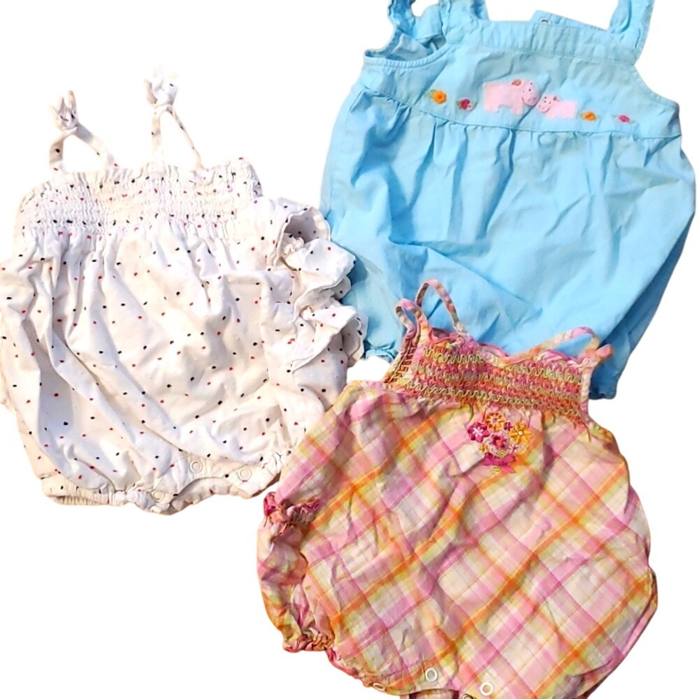Children's Place and Gymboree Girls 3 Pack Rompers- Hippo, Polka Dot, Plaid 0-3M